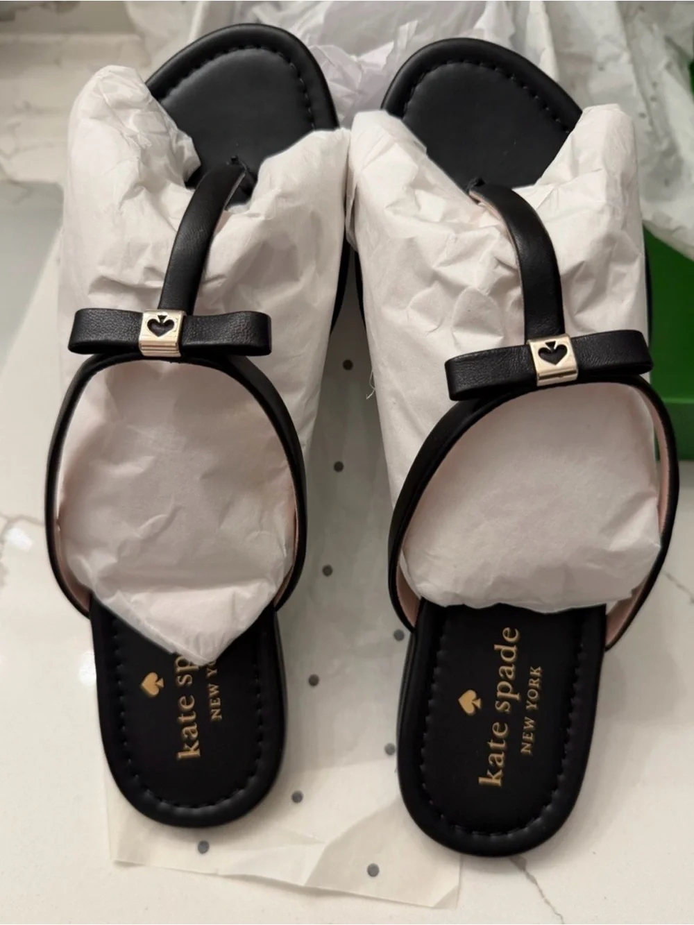 Kate Spade Penny Sandals; Black Bow T-Strap Leather